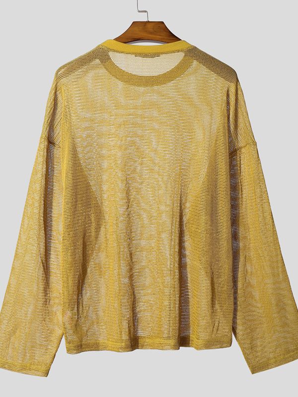 Men's Hollow Mesh Crew Neck Long Sleeve T-Shirt SKUL41198