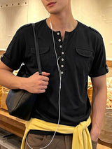 Men's Urban Casual Utility Deep-Henley Multi-Button Short Sleeve T-shirt SKUL75690