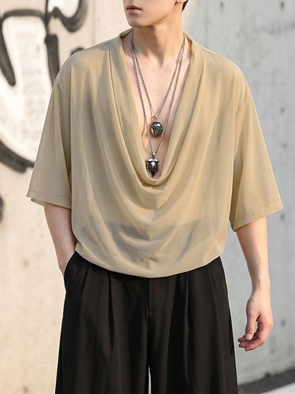 Men's Avant-Garde Romantic Deep Cowl Neck Sheer Mesh Loose Short Sleeve T-shirt SKUL69688