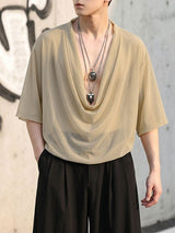 Men's Avant-Garde Romantic Deep Cowl Neck Sheer Mesh Loose Short Sleeve T-shirt SKUL69688