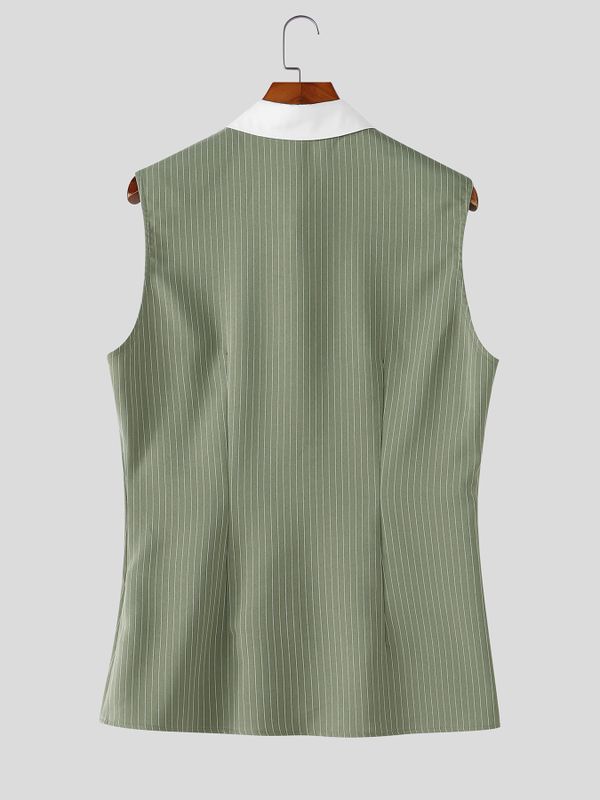 Men's High-End Urban Casual Contrast Panel Pinstripe Sleeveless Button-Up Shirt SKUL78279