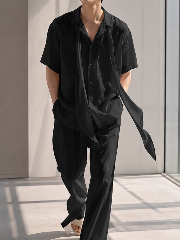 Men's Avant-Garde Romantic Flowy Tie-Neck Short Sleeve Shirt SKUL74630