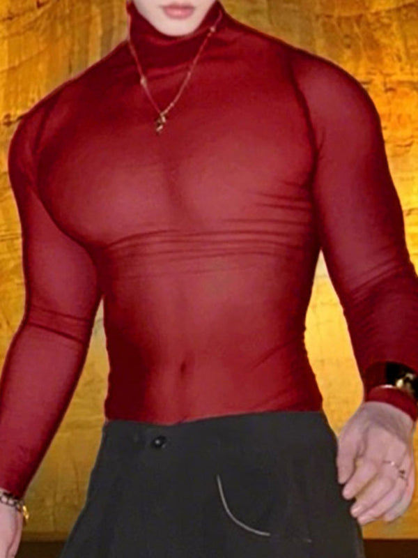 Men's Sheer Mesh High Neck Long Sleeve T-Shirt SKUL38059