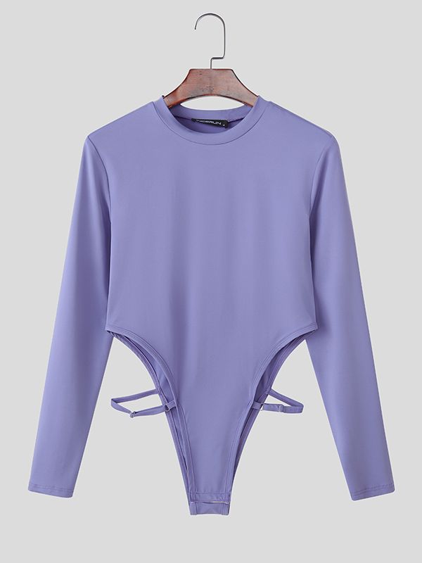 Men's Solid Color Crew Neck Long Sleeve Bodysuit SKUL38912