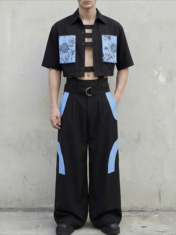 Men's Floral Print Contrast Color Patchwork Two Pieces Outfit SKUL61173