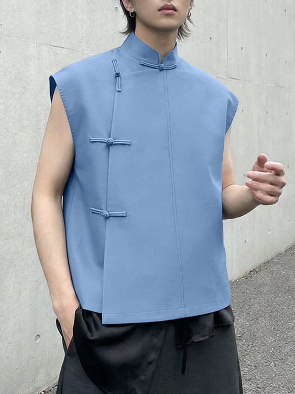 Men's New Chinese Style Asymmetric Placket Frog Button Tank SKUL54752