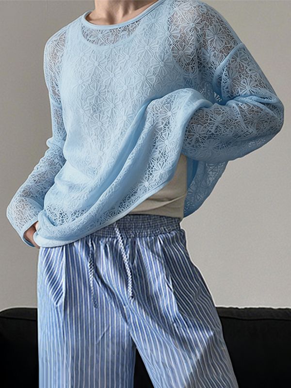 Men's Lace Hollow Knit Long Sleeve T-Shirt SKUL37528