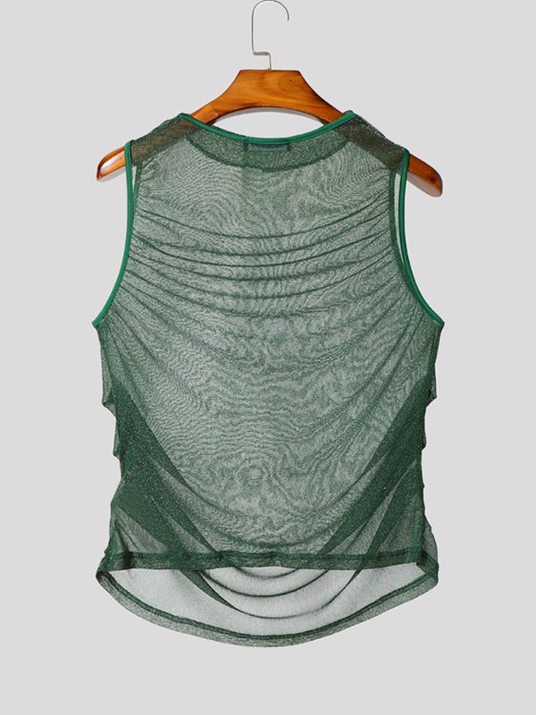 Men's Gender-Fluid Fashion Sheer Glitter Mesh Ruched Fit Tank SKUL72609
