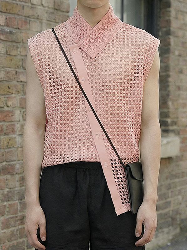 Men's Asymmetrical Diagonal Button Mesh Shirt SKUL60737