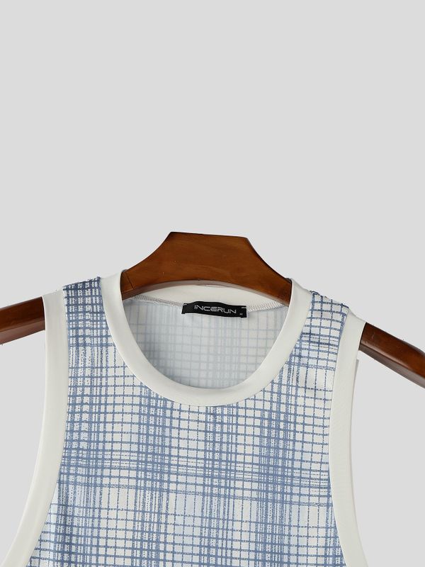 Men's Retro Athletic Aesthetic Contrast Binding Detail Deep U-Neck Tank SKUL68461