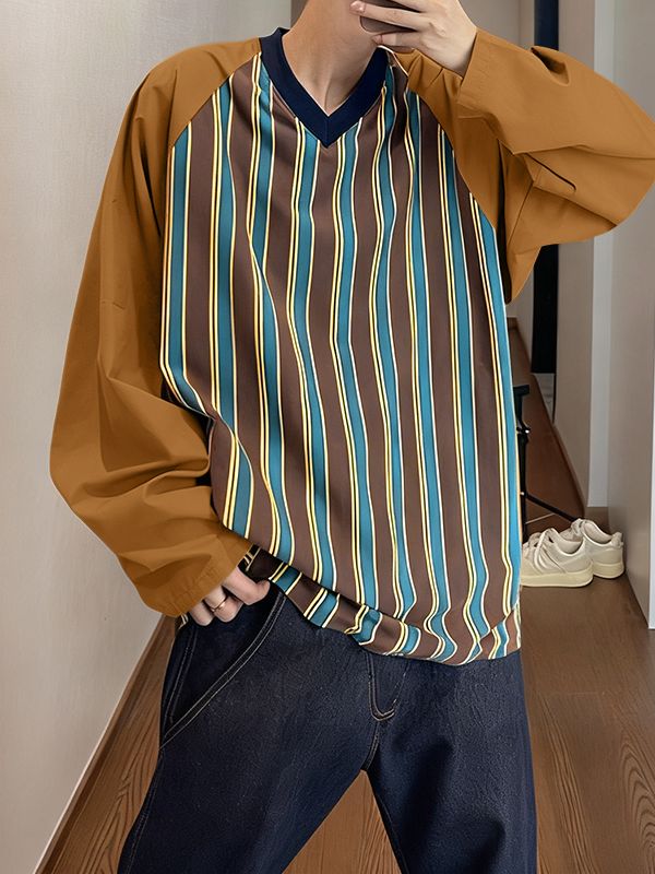 Men's Striped Color Block V Neck Long Sleeve T-Shirt SKUL32989