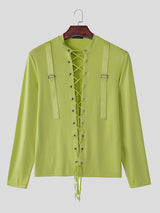 Mens Tie-Up Interwoven Hollow-Out Long Sleeve T-Shirt SKUK95749