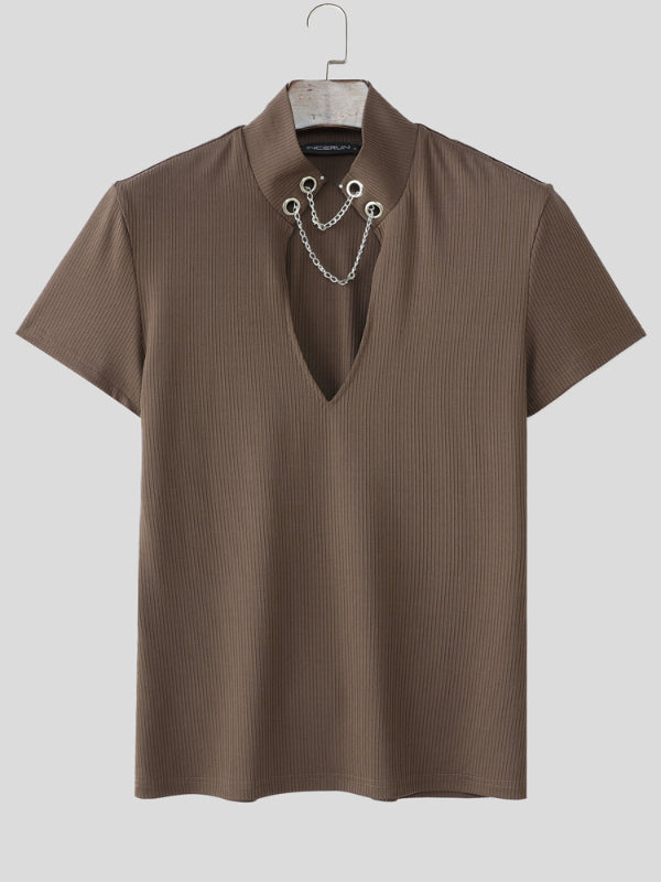 Mens Solid Color Textured Deep V Short Sleeve T-Shirt SKUL18934