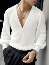 Men's Solid Color Textured V Neck Long Sleeve T-shirt SKUL48715