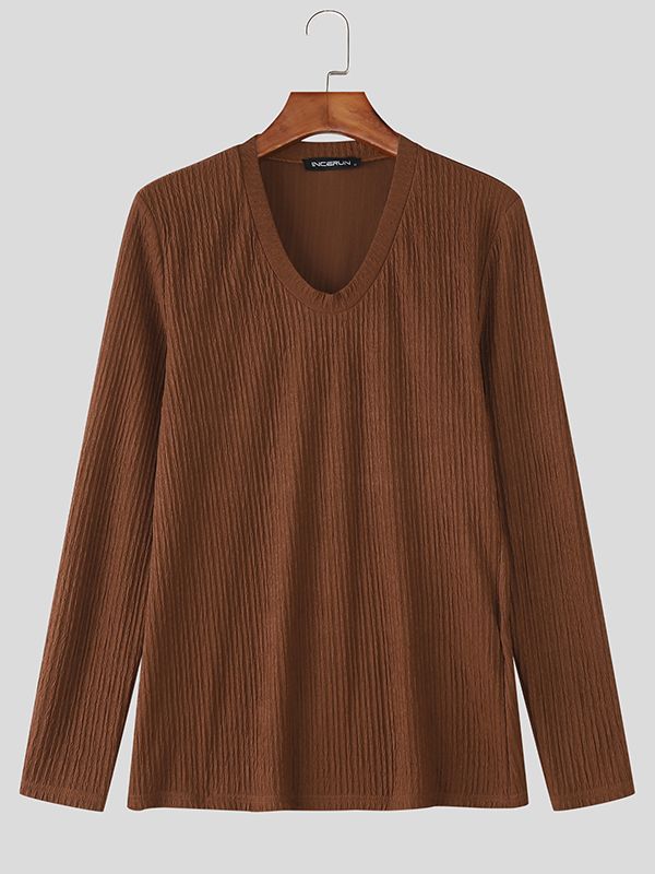 Men's Solid Color Textured V Neck Long Sleeve T-shirt SKUL47617
