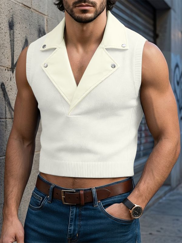 Men's Knit Leather Collar Cropped Tank SKUL54097