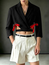 Men's Contrast Red Ribbon Bow Details Cropped Cutout Blazer SKUL58769