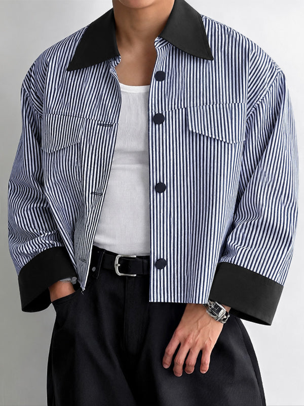 [Pre-order] Men's Retro Minimalist City Walk Contrast Collar Striped Flap Pocket Cropped Shirt SKUL88424