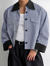 [Pre-order] Men's Retro Minimalist City Walk Contrast Collar Striped Flap Pocket Cropped Shirt SKUL88424