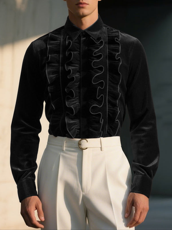 Men's Velvet Ruffle Long Sleeve Shirt SKUL42684
