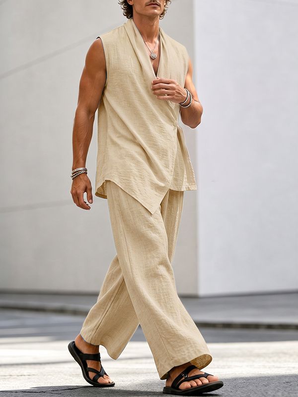 Men's Minimalist Zen Textured Asymmetrical Wrap Two Pieces Outfit SKUL74880
