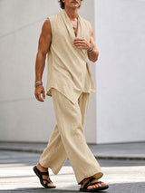 Men's Minimalist Zen Textured Asymmetrical Wrap Two Pieces Outfit SKUL74880