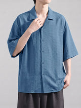 Men's Vintage Textured Drop Shoulder Cuban Collar Short Sleeve Shirt SKUL73655