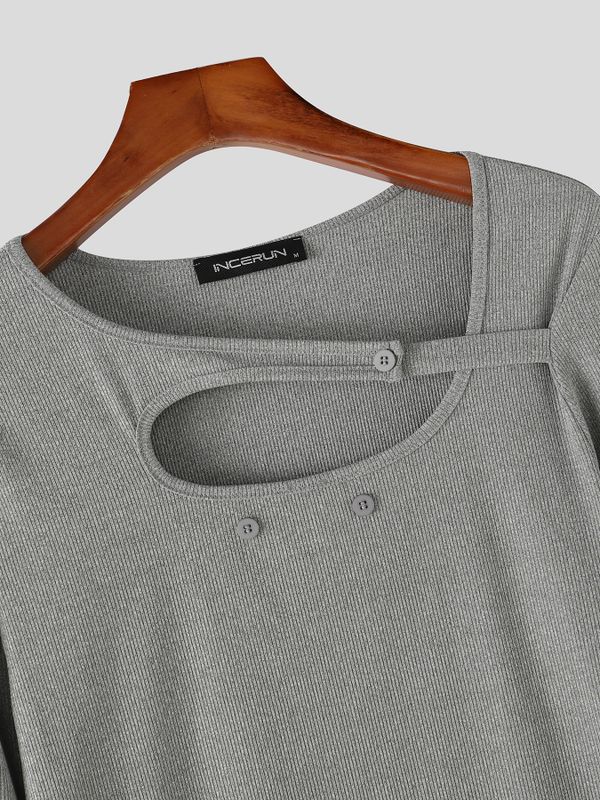 Men's Provocative Avant-Garde Asymmetrical Cut-Out Ribbed Knit Long-Sleeve T-shirt SKUL77301