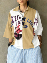 Men's American Vintage Streetwear Deconstructed Contrast Color Block Half-Zip Letter Graphic Shirt SKUL51939