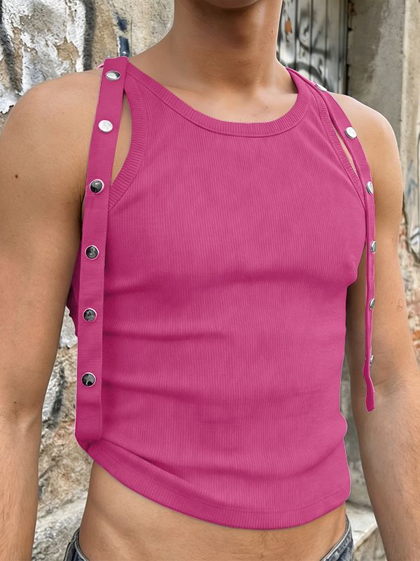 Men's Decorative Snap-Button Straps Patchwork Knit Crop Tank SKUL58716