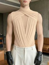 Men's Avant-Garde Cross Neck Crinkled Ruched Sheer Mesh Patchwork Tight Bodysuit SKUL61880