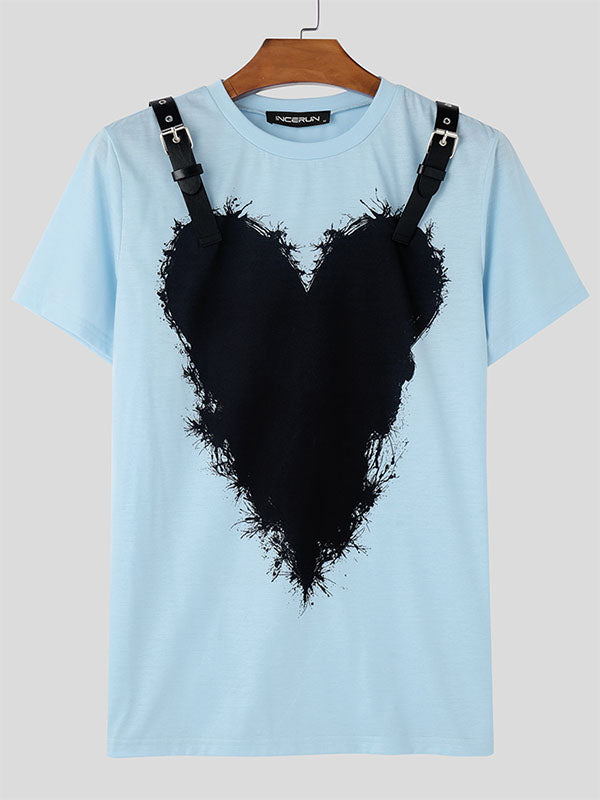 Mens Heart Print Patchwork Short Sleeve T-Shirt SKUL03026