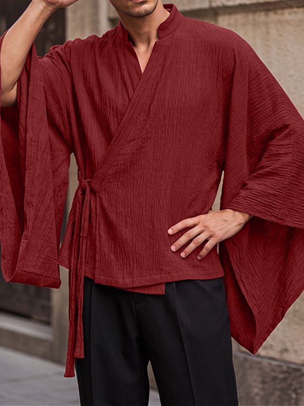 Men's Avant-Garde Early Autumn Cross Wrap Flare Sleeve Shirt SKUL81156