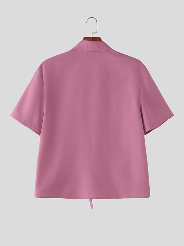 Men's Avant-Garde D-Ring Buckle Strap Open-Front Short Sleeve Shirt SKUL63076