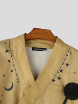 Men's Avant-Garde Starry Night & Castle Print 3D Applique Rose Short Sleeve Shirt SKUL61936