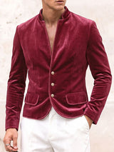 Men's Retro Quiet Luxury Cocktail Party Lustrous Velvet Metal Button Long Sleeve Stand Collar Jacket SKUL77985