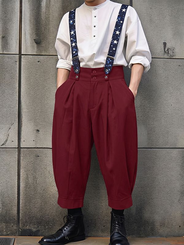 Men's Vintage British Star Printed Double-Button Wide High-Waistband Overall SKUL63185