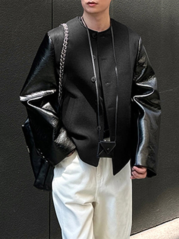 Men's Faux Leather Patchwork Loose Long Sleeve Blazer SKUL28507