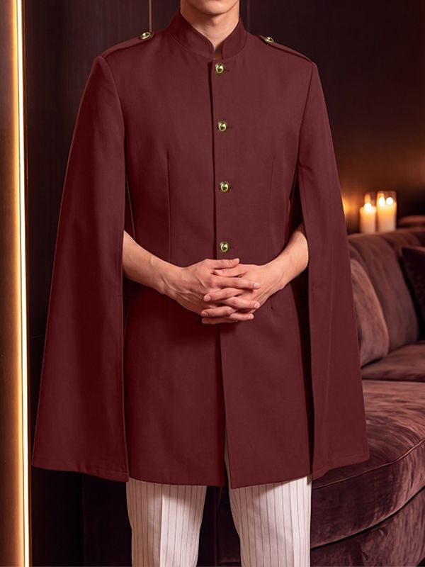 Men's Avant-Garde Runway Slit Cape Sleeve Gold Button Long Sleeve Stand Collar Knee Length Blazer SKUL81218