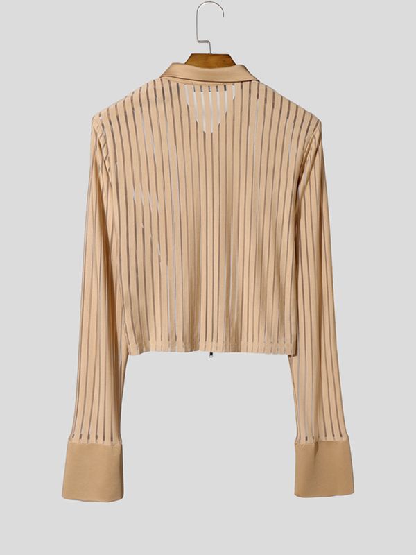 Men's Avant-Garde Sheer Striped Zip-Up Cropped Long Sleeve Shirt SKUL78346