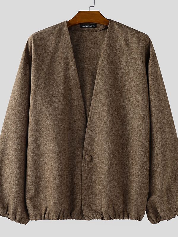 Men's Single Breasted Collarless Long Sleeve Cardigan SKUL37287