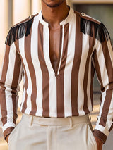 Men's Retro Theatrical Deep-V Fringe Epaulet Bold Striped Shirt SKUL79523