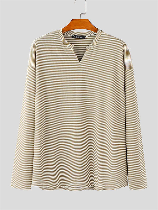 Men's Striped Small V Neck Long Sleeve T-Shirt SKUL22199