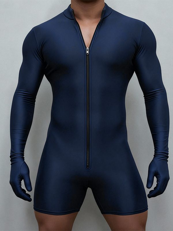 Men's Solid Color Zipper Long Sleeve Bodysuit SKUL48670