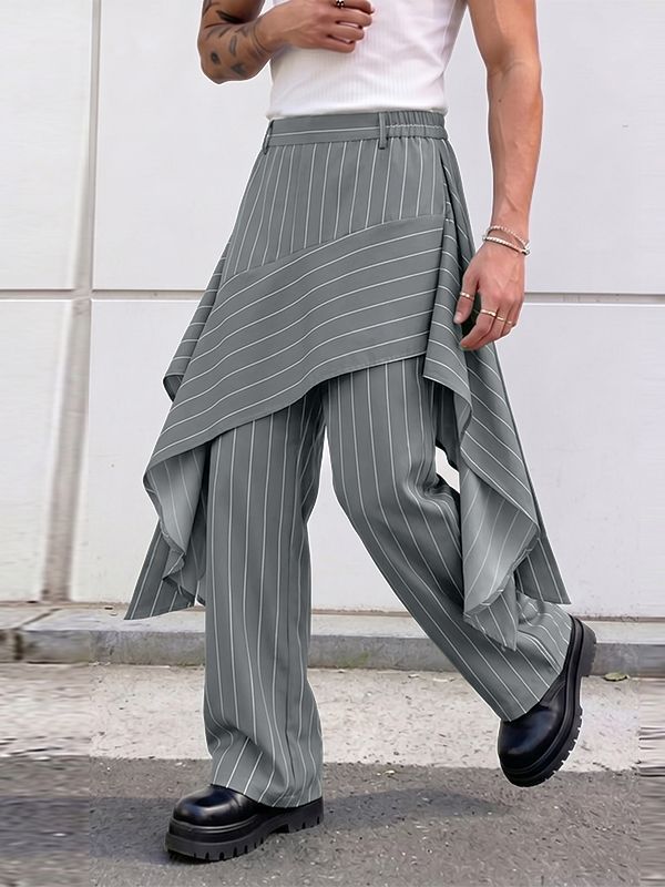 Men's Avant-Garde Asymmetric Pinstripe Skirted Layered Wide-Leg Pant SKUL65878