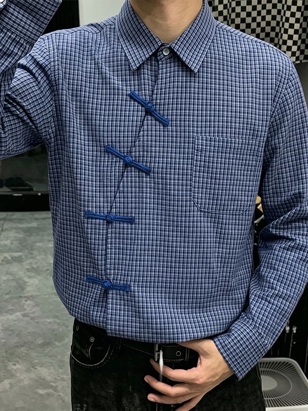 Men's Neo-Chinese Avant-Garde Asymmetrical Frog-Button Micro-Plaid Shirt SKUL77514