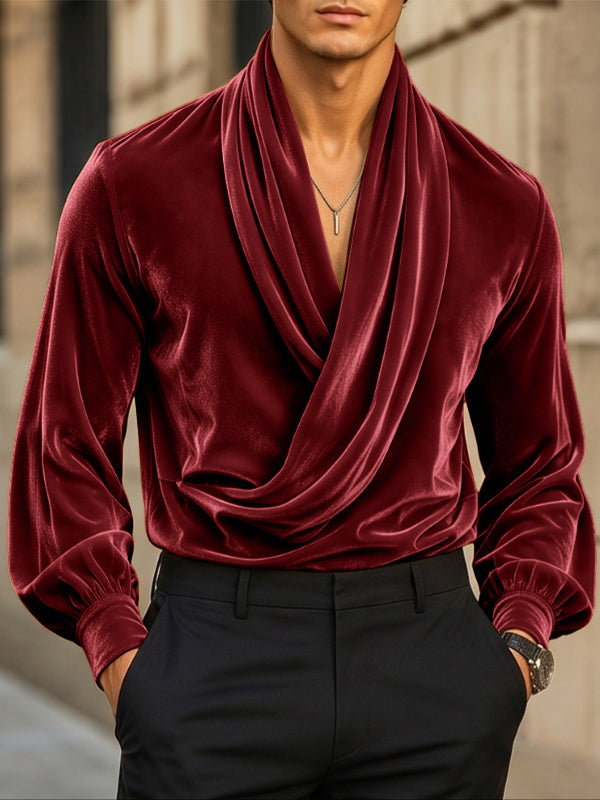 [Pre-order] Men's Victorian Vintage Evening Gala Velvet Draped Cowl Neck Lantern Sleeve Shirt SKUL88524