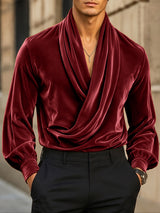 [Pre-order] Men's Victorian Vintage Evening Gala Velvet Draped Cowl Neck Lantern Sleeve Shirt SKUL88524