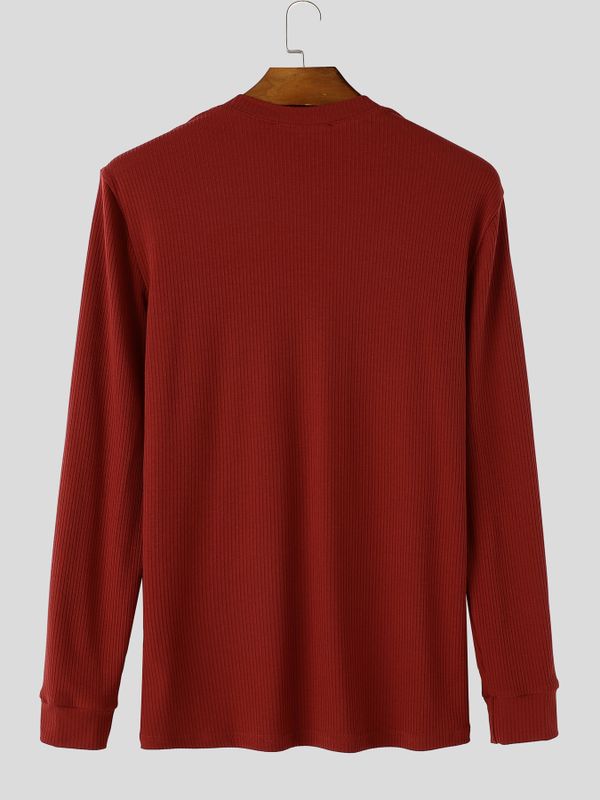 Men's Smart-Casual Ribbed Knit Deep Notch V-Neck Long Sleeve Shirt SKUL80470