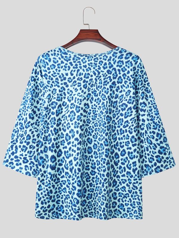 Men's Vintage Holiday Leopard Animal Print V Neck Three Quarter Sleeve T-shirt SKUL73712